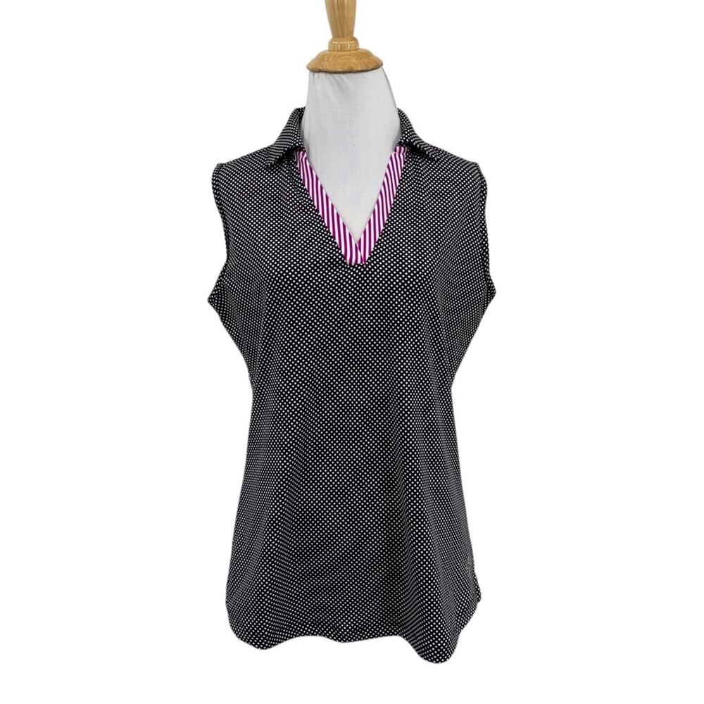 Jofit Polo Shirt Womens M Medium Black White Sleeveless V Neck Polka Dot Golf